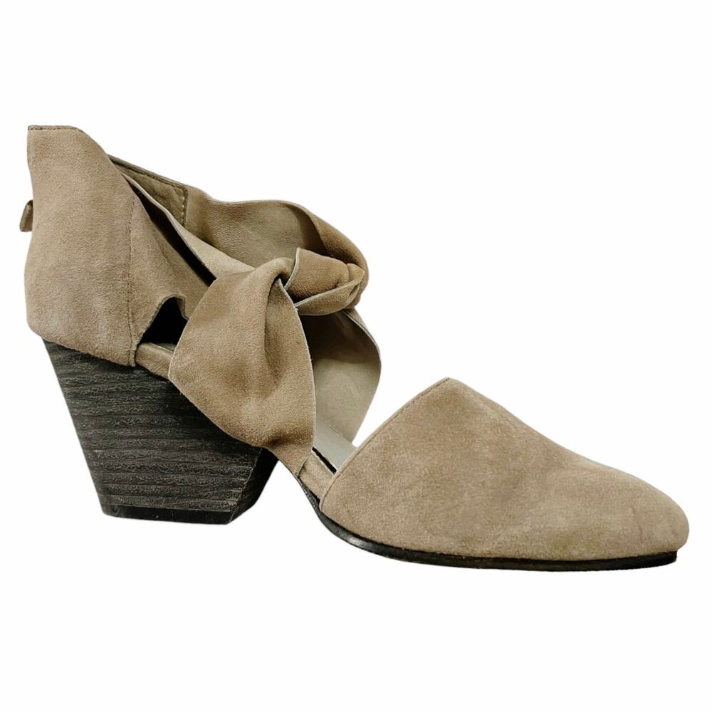 EILEEN FISHER Mary Twist-Front Suede Pumps Storm Tan Stacked Heel Zipper 6 EUC